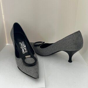 Ferragamo gray/black material pumps, size 6.5